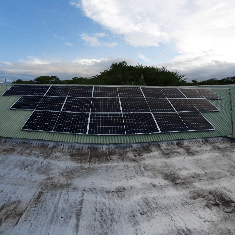 Front view of large solar panel set up on roof